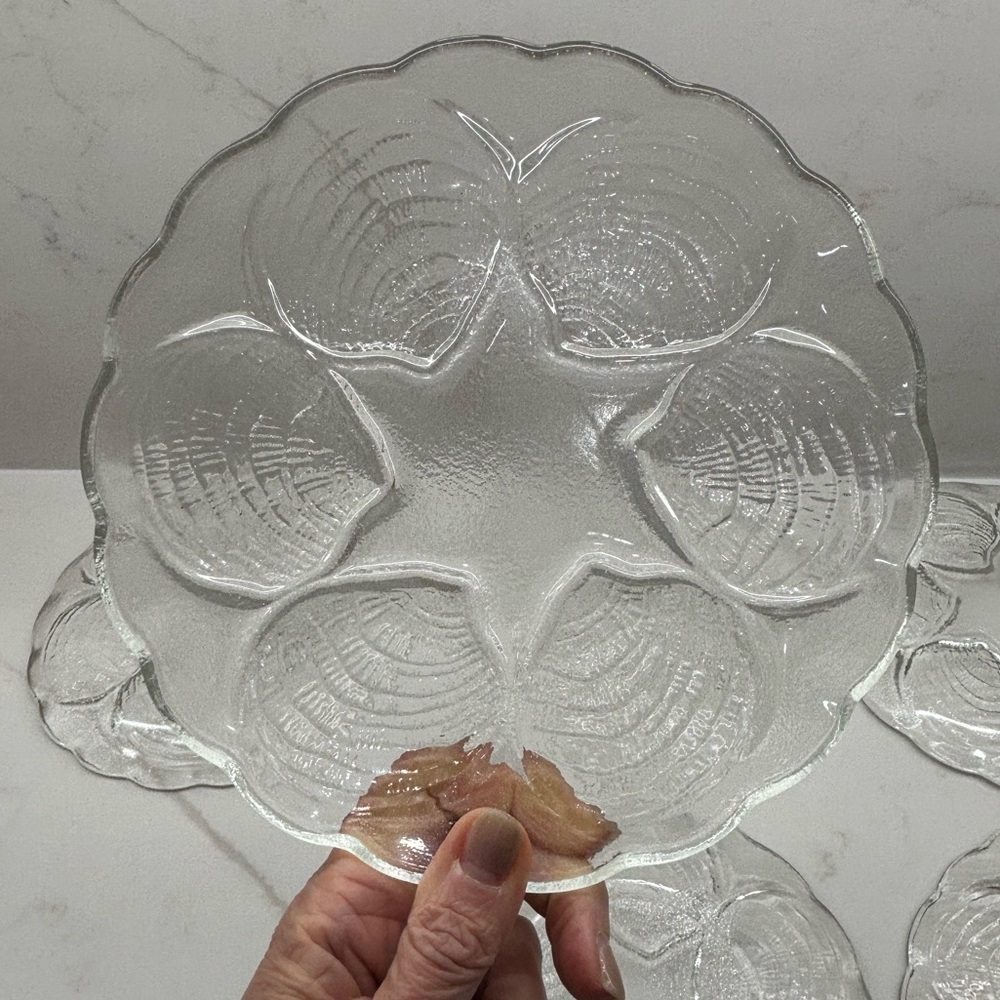 6 Vintage Textured Clam Oyster Serving Plates with Middle Star Heavy Clear Glass